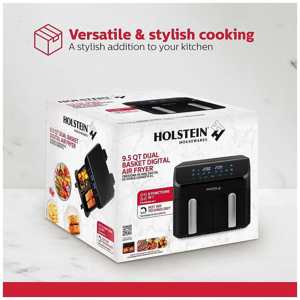 Fritadeira Elétrica Digital Dupla Holstein Housewares Preta 8 em 1 9L Cestões Independentes 1700W 120V, Modelo HH-09202019B