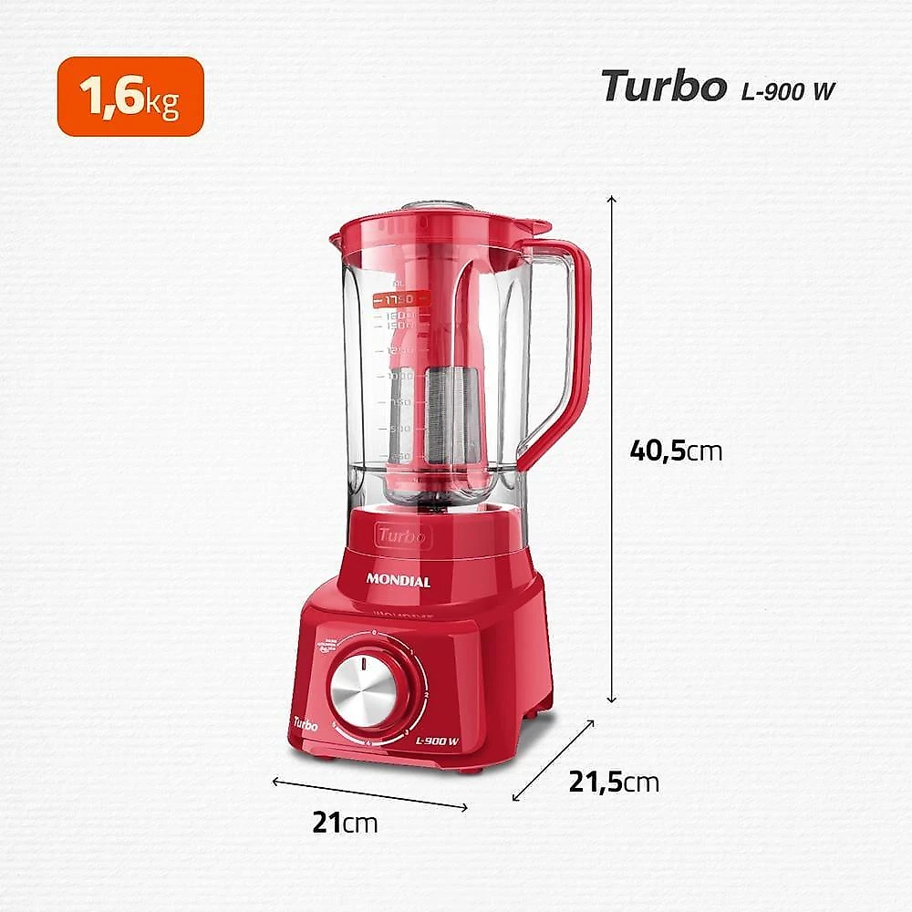 Liquidificador mondial turbo l900 vermelho 900w com 5 velocidades 110