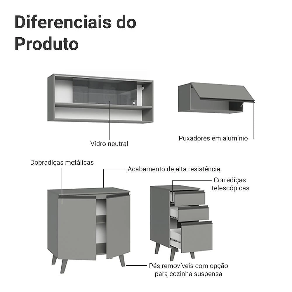 Armário De Cozinha Compacta 200cm Nice Madesa Xa14 Cinza