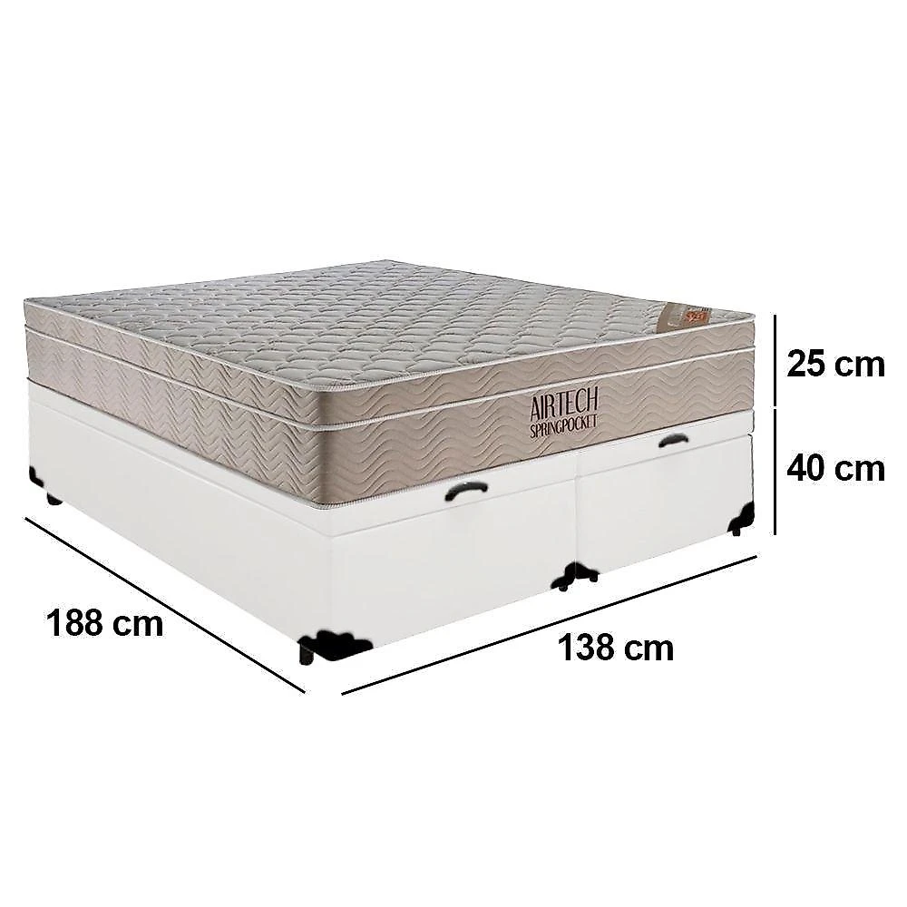 Cama Box Baú Casal Bipartido Sintético + Colchão Ortobom Airtech Molas Ensacadas 65x138x188 Branco