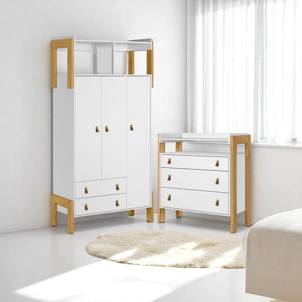 Conjunto Infantil Alegria Cômoda e Guarda-Roupa 3 Portas 5 Gavetas MDP Branco Acetinado Qmovi