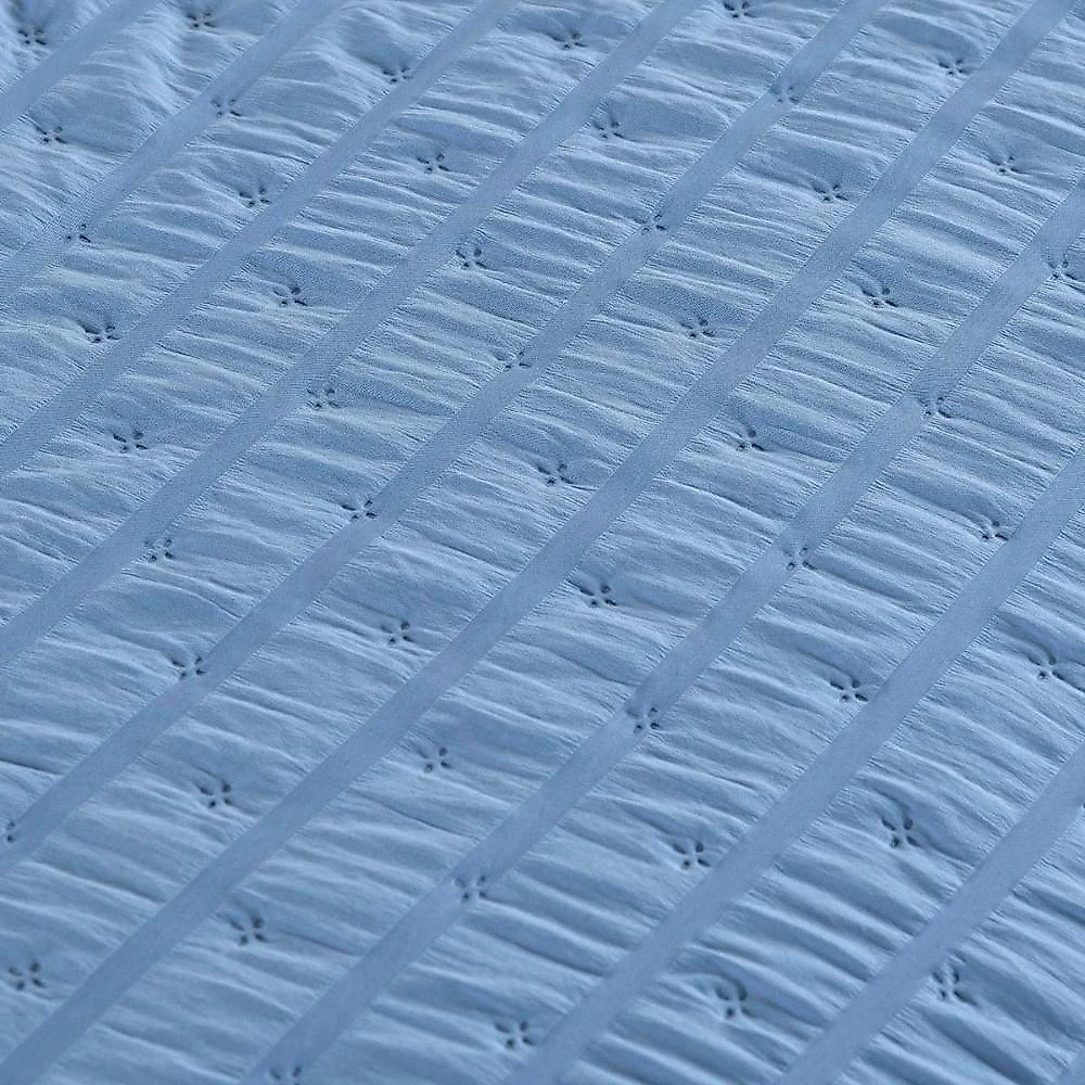 Kit colcha cobre leito plissê queen seersucker premium 3 peças maciez e leveza com textura 3d azul mineral