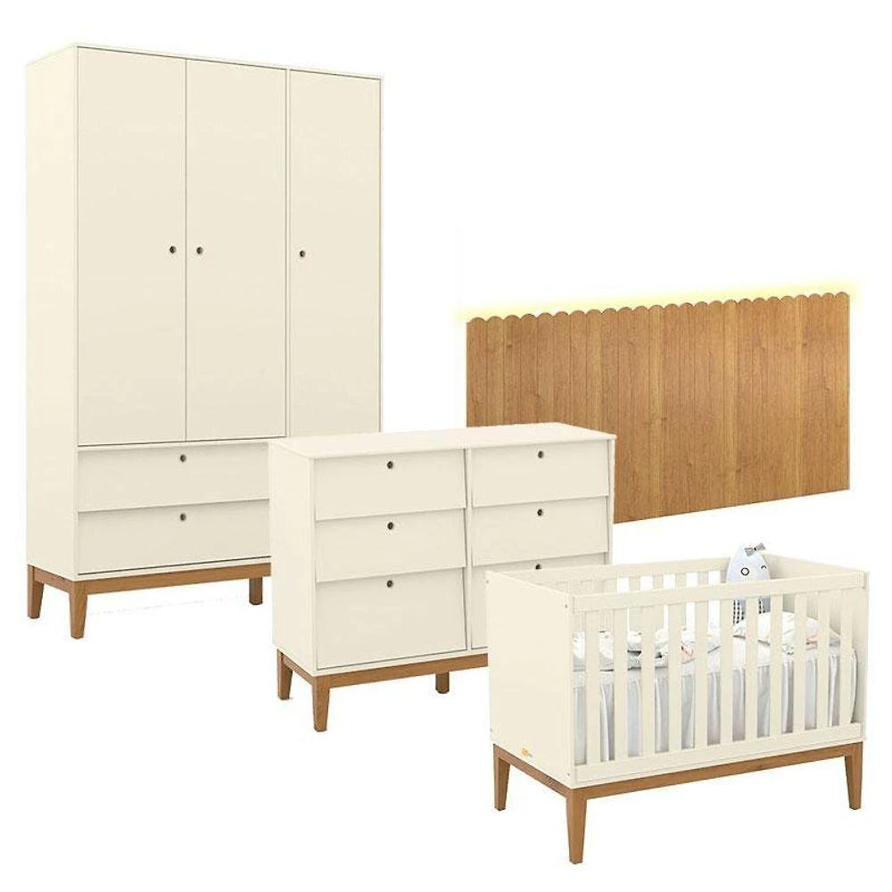 Quarto De Bebê Unique 3 Portas Com Cômoda 6 Gavetas E Painel Farm Com Led Off White Eco Wood - Matic