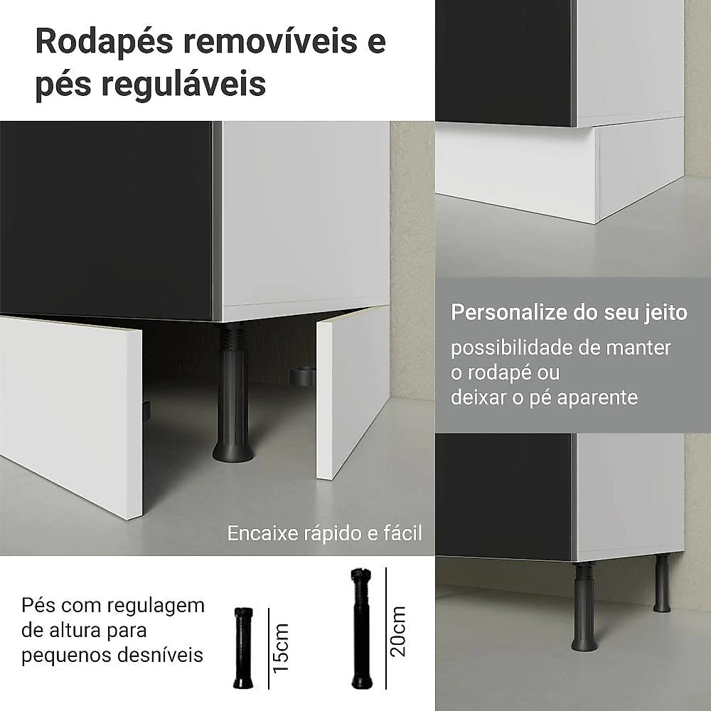 Armário de Cozinha Completa 350 x 60 cm Branco/Preto Lux Madesa 02