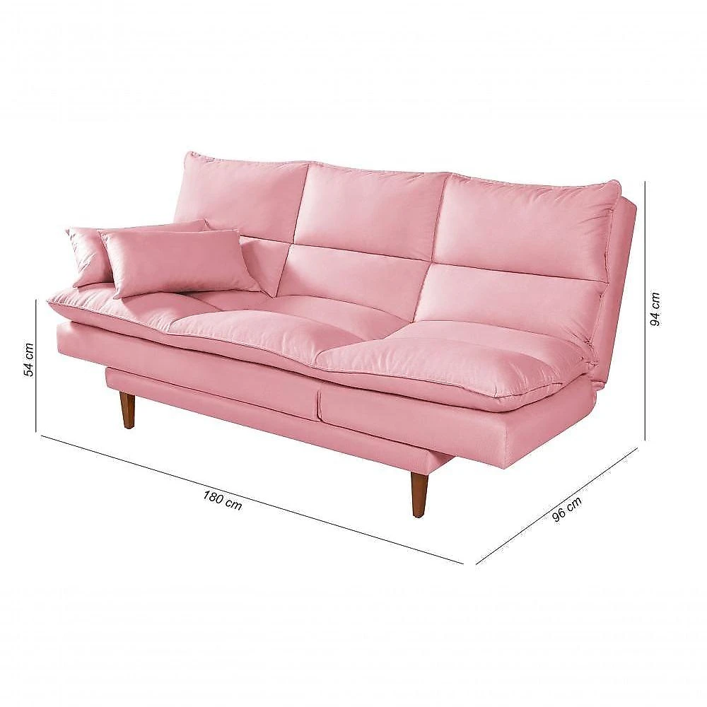 Sofá Cama Vancouver 3 Lugares Império Reclinável Casal Pés Madeira Suede Rosa 200