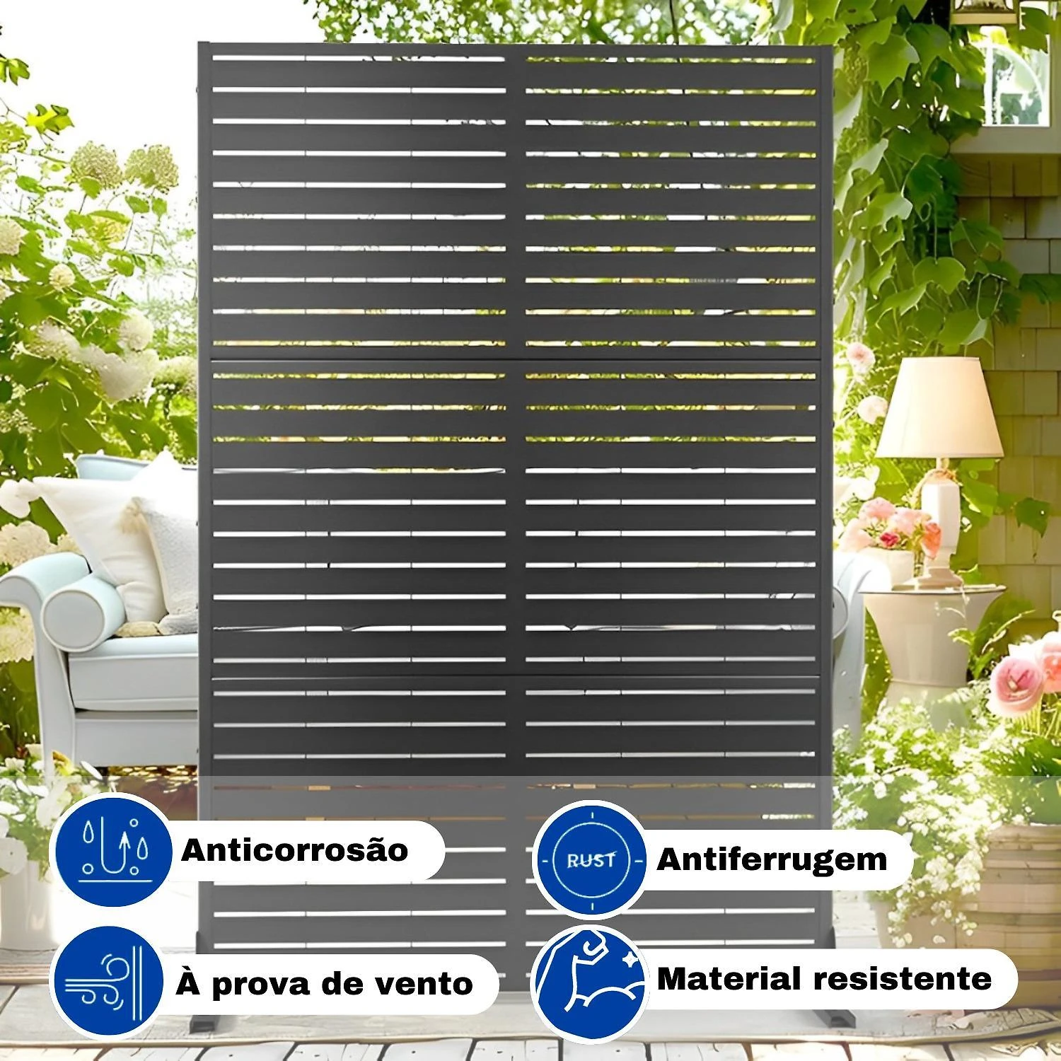 Biombo Reto Linhas De Metal Interno/Externo 1,8X1,2Mt Preto