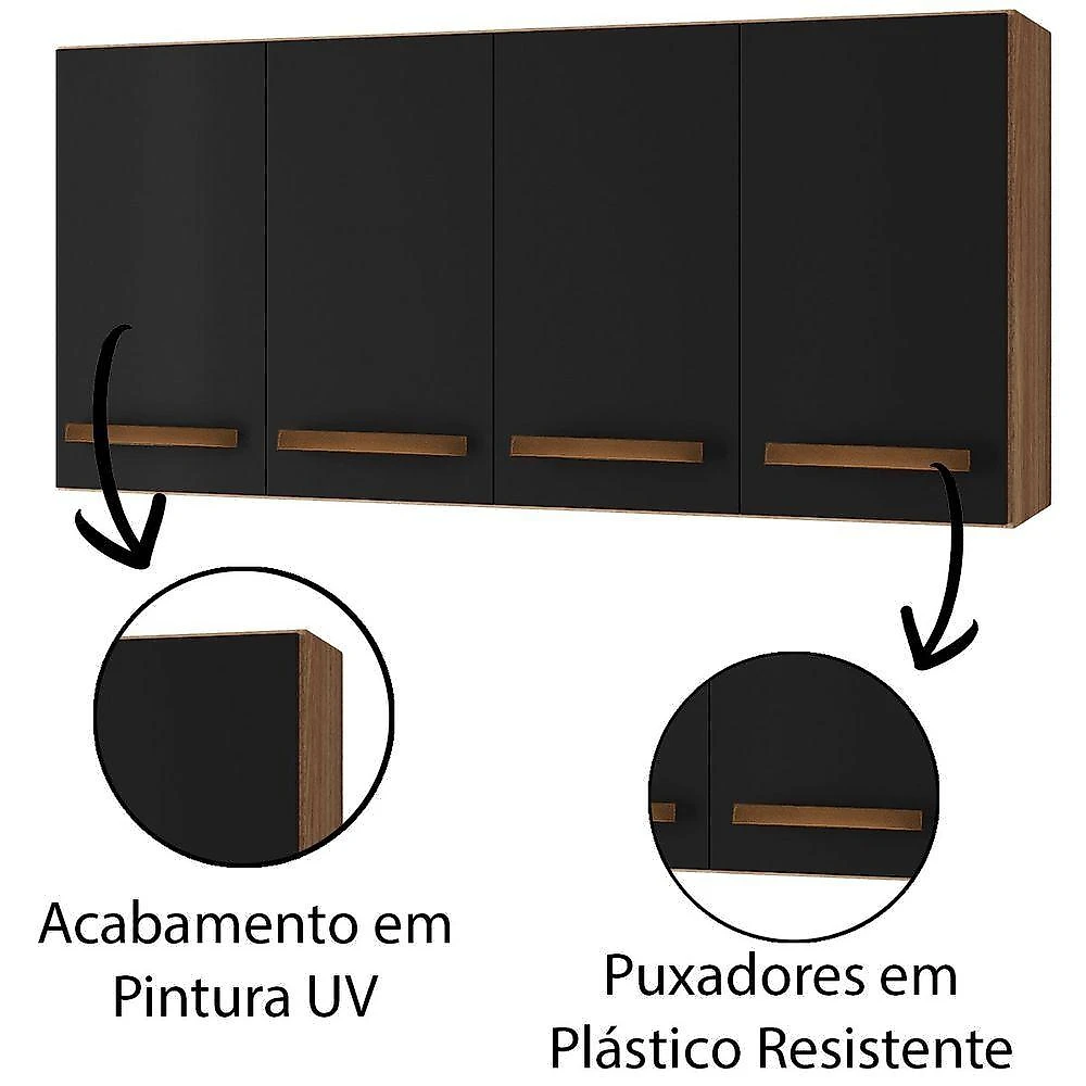 Balcão Multiuso e Armário Aéreo Luni Savana 3 e 4 Portas MDP Porta de Bater Preto Moblis Móveis