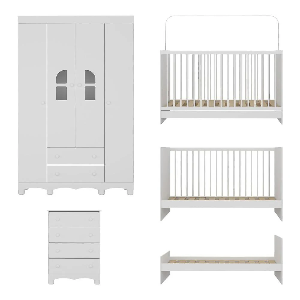Quarto De Bebê Completo Com Berço 3 Em 1 Com Colchão Incluso Aurora Multimóveis MP4572 Branco