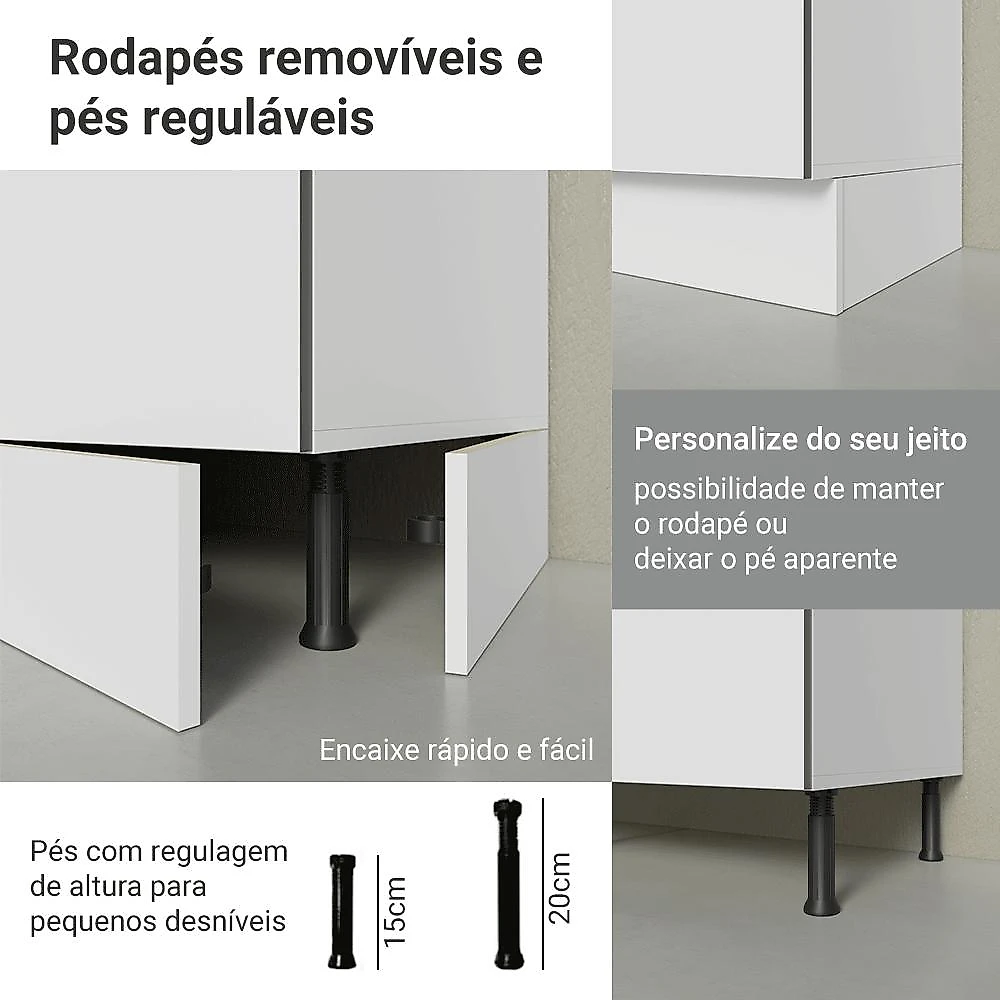 Armário de Cozinha Compacta 180 x 60 cm Branco Lux Madesa 05 Branco/Branco Veludo