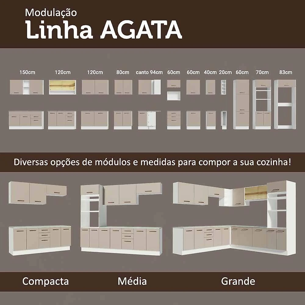 Kit com 2 balcões e 2 armários aéreos multiuso 200cm branco/crema agata madesa