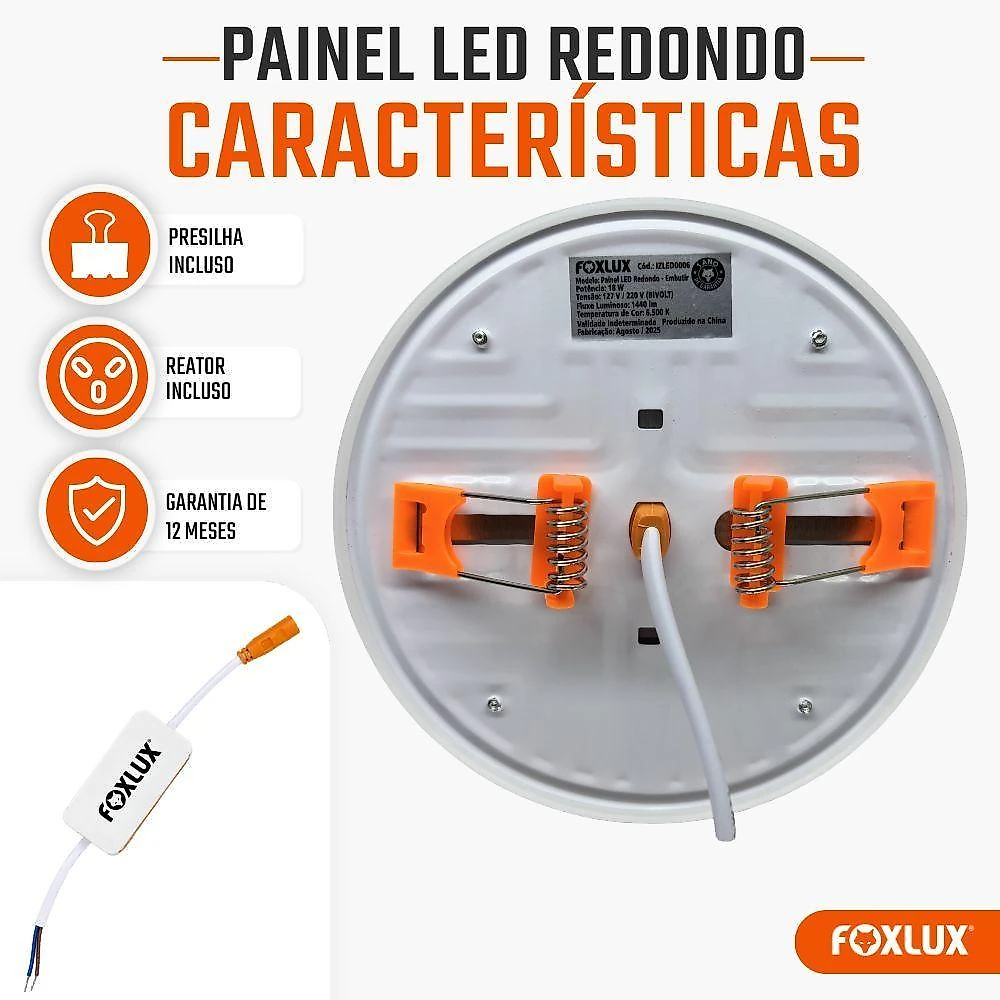 Painel LED Redondo Embutir Iluminação Uniforme Baixo Consumo Branco Frio 6500K Bivolt Foxlux