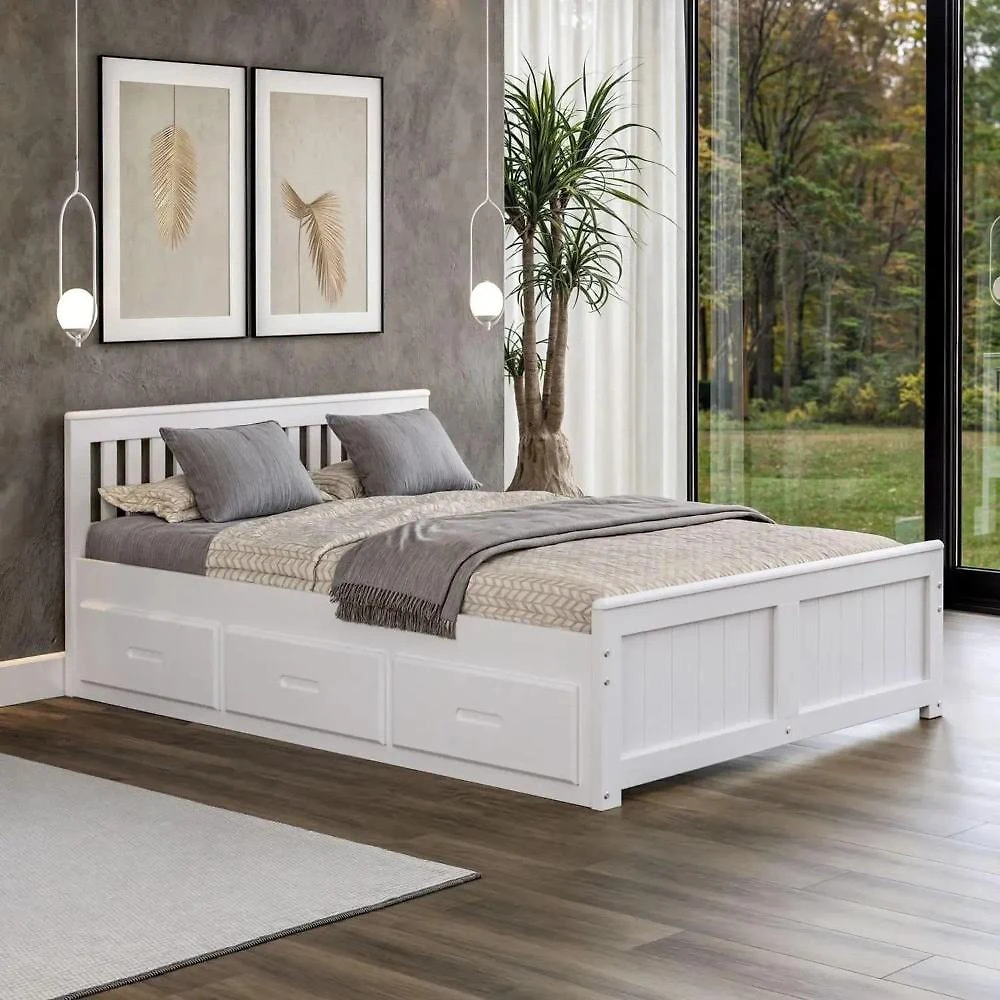 Cama King Size 06 Gavetas Madeira Maciça Branco tons&madeira