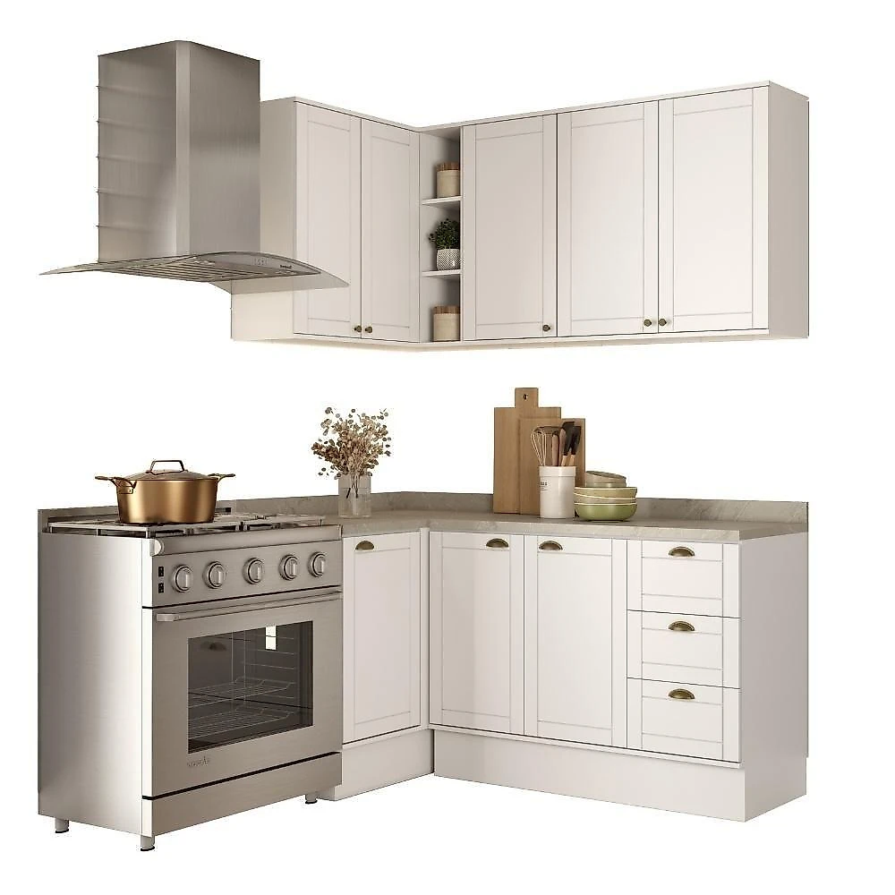 Cozinha Milla Bee Fit 8 Portas 3 Gavetas MDF 265CM Branca com Puxadores Dourados Móveis Carraro