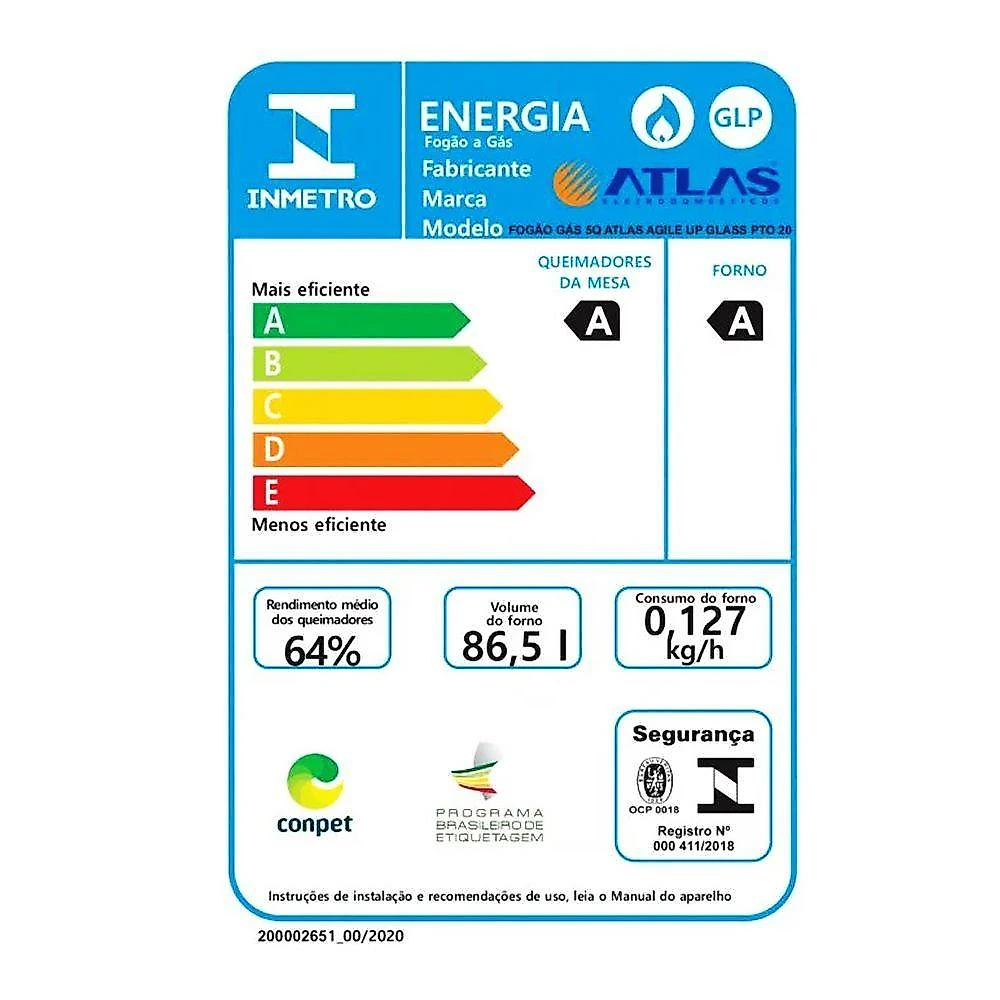 Fogão 5 Bocas Atlas Agile UP Glass Com Mesa De Vidro E Acendimento Automatico Preto Bivolt