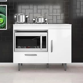 Miniatura Balcão para Cooktop 4 Bocas Poliman Alecrim com Nicho para Micro-ondas, 1 Porta, 1 Gaveta e 1 Prateleira - Branco