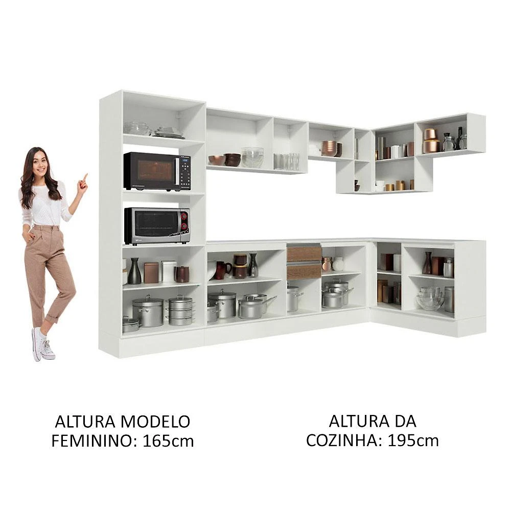 Cozinha Completa 100% MDF Madesa Smart de Canto - Branco/Rustic/Crema Branco/Rustic/Crema