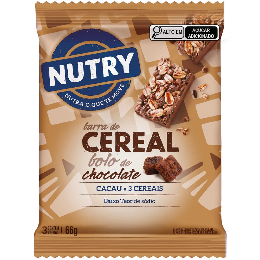 Barra de Cereais Nutry Bolo de Chocolate 3 Unidades com 22g Cada