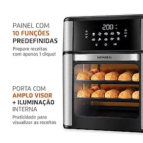 Fritadeira Elétrica Sem Óleo Air Fryer Oven 2 em 1 Mondial AFON-12L-BI 12L Digital – Preta/Inox 110V