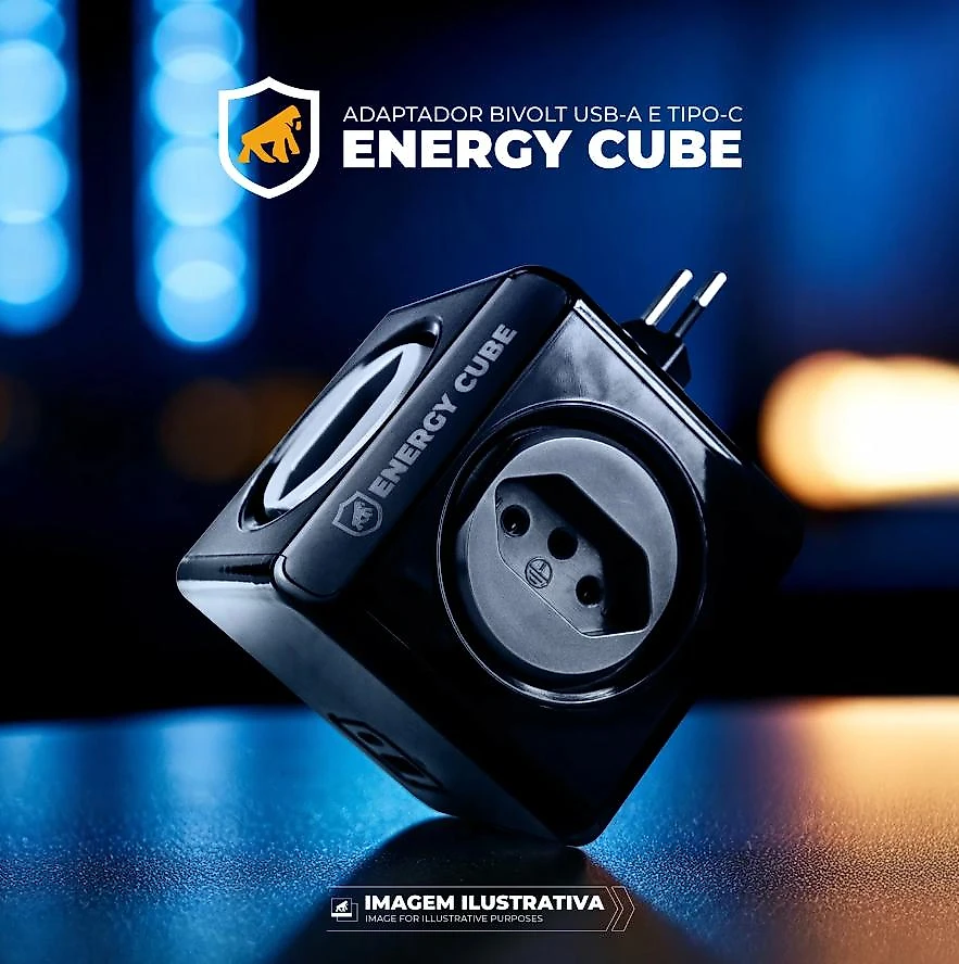 Adaptador carregador Energy Cube Bivolt Filtro de Linha Multiplicador de Tomadas 10A com Proteção de Sobretensão,  (4 Tomadas + USB A + Tipo C)