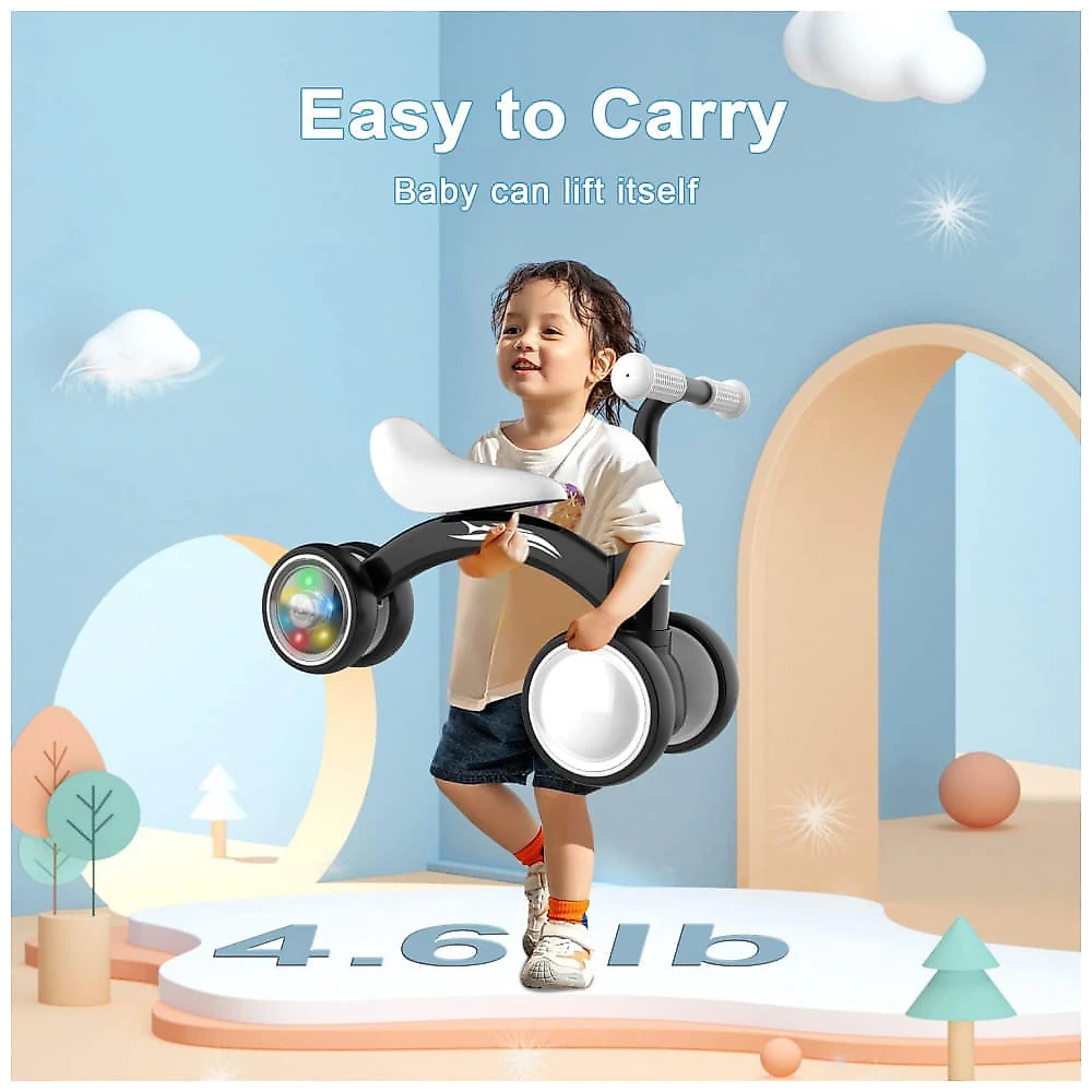 Bicicleta sem Pedal com Assento Macio, Rodas Silenciosas e Iluminação para Crianças de 1 a 3 Anos, Gamfeiny, Preta