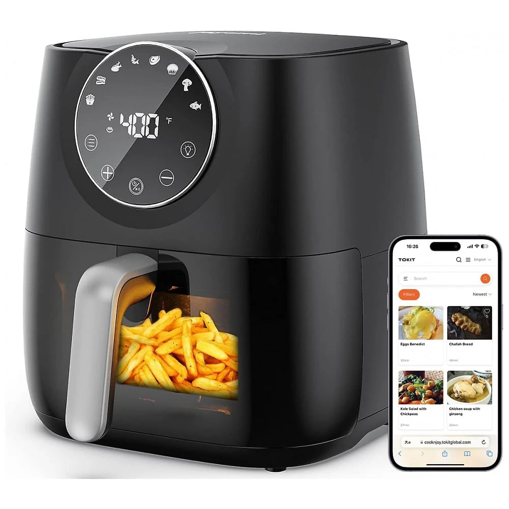 Fritadeira Elétrica AirFryer 5.2L em Aço Inoxidável com Painel Digital, 110V 1700W, Joyami, Preta