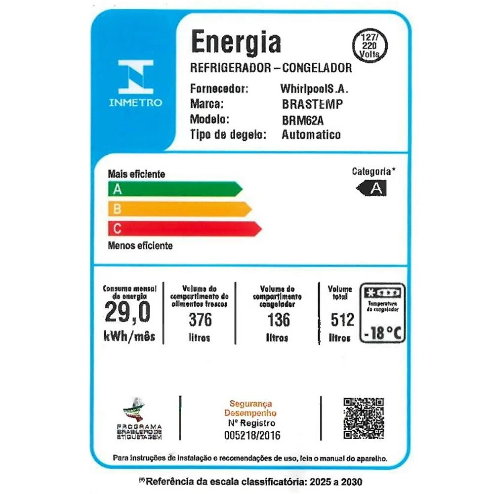 Geladeira Brastemp Frost Free Inverter B=Smart BRM62AB, 512 Litros, Branca - Bivolt
