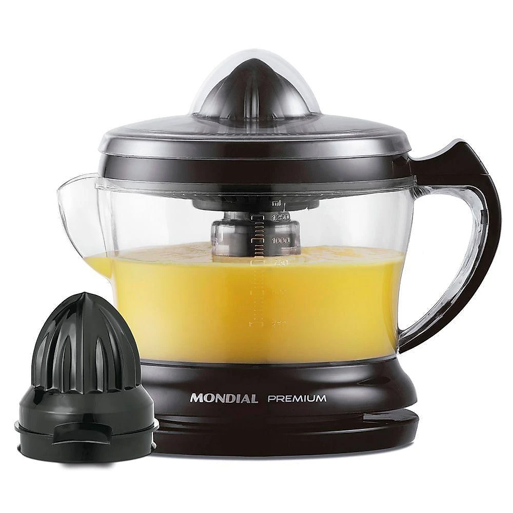 Espremedor de frutas elétrico premium e-02 jarra 1,25l dupla rotação preto mondial 110v