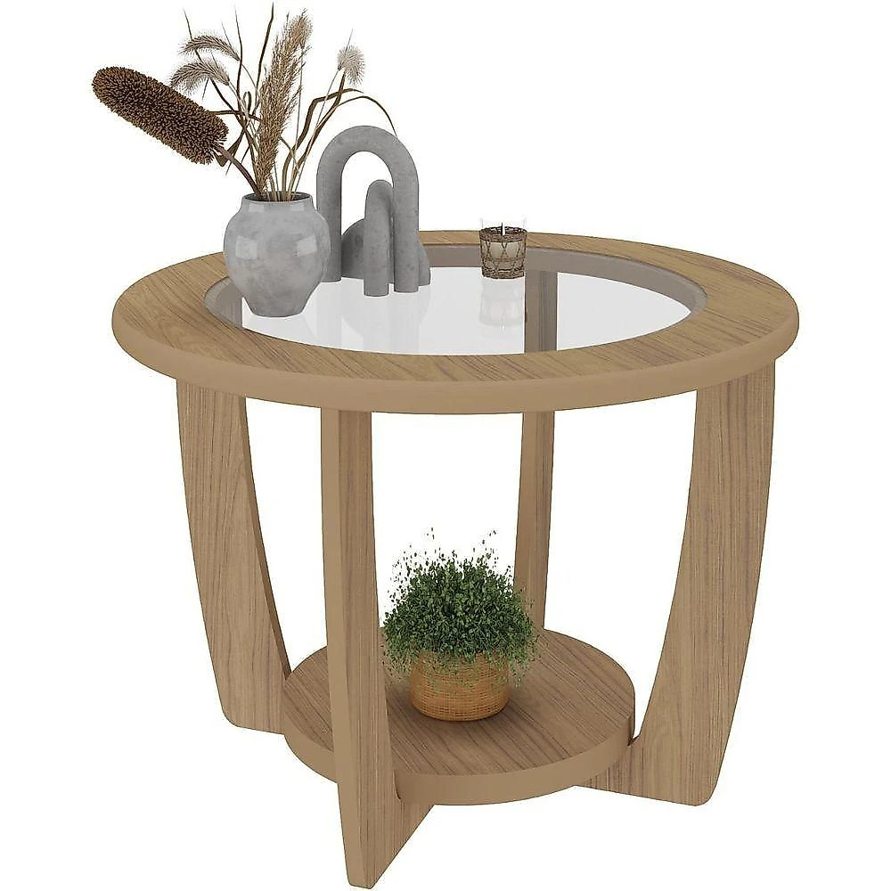 Mesa de Centro Curve Quadrada Vidro Temperado Estrutura em MDF Carvalho Artely