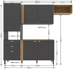 Armário de Cozinha Compacta 251cm Bartira Pérola 5 Portas 3 Gavetas MDP Finish Foil Grafite/Mel