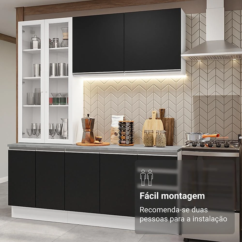 Armário de Cozinha Compacta 190cm Branco/Preto Glamy Madesa 05 Branco/Preto