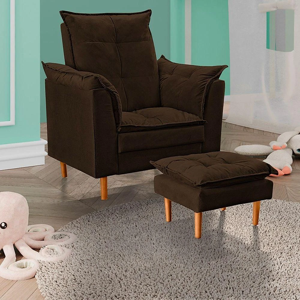 Poltrona De Amamentação Com Puff Quarto Bebê Vitória Suede Cor:marrom