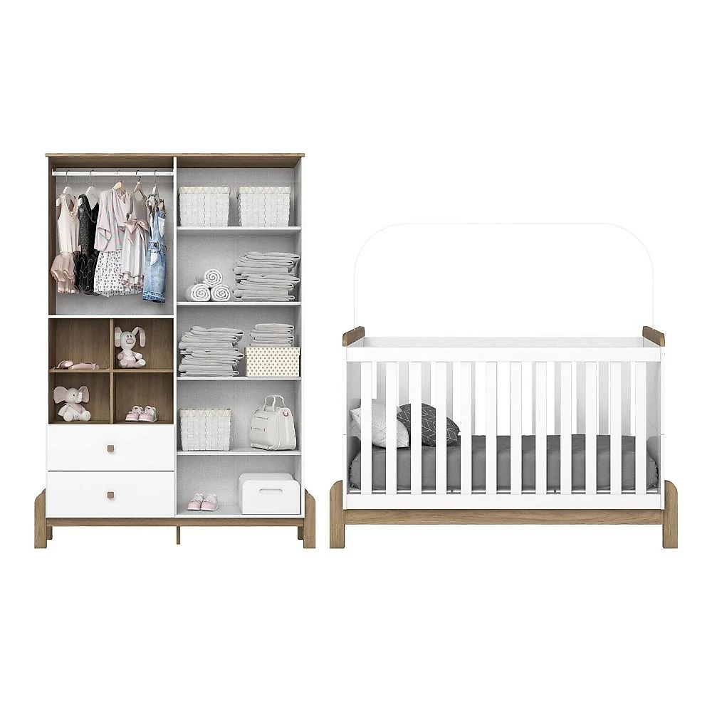Conjunto Quarto de Bebê Berço 2 em 1 e Guarda-Roupa Yuri Branco/Jequitibá HP