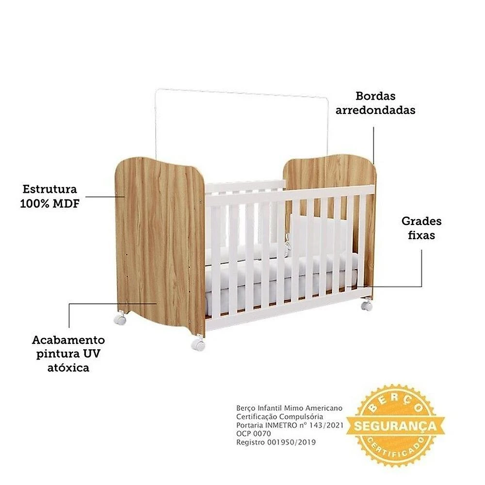 Quarto de Bebê com Guarda Roupa 2 Portas e Berço Teka 100% Mdf Espresso Móveis Branco Brilho/Amêndoa