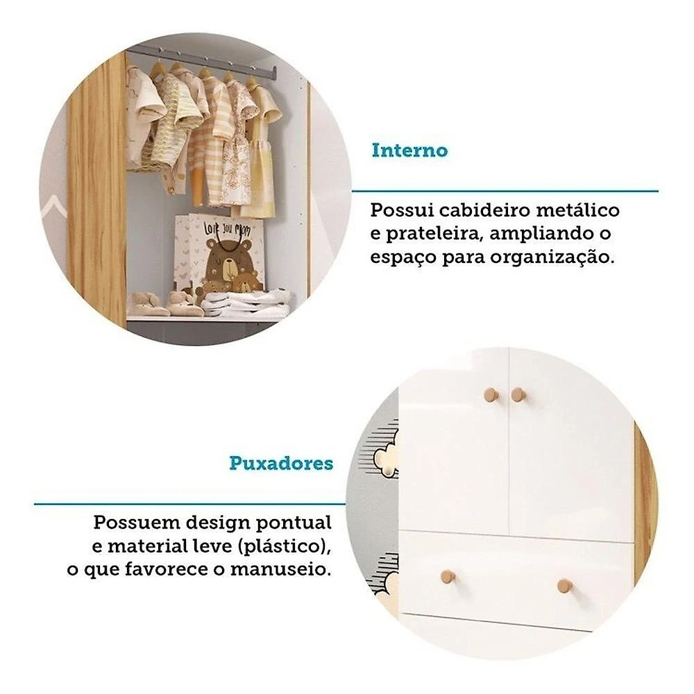 Quarto de Bebê com Guarda Roupa 2 Portas e Berço Teka 100% Mdf Espresso Móveis Branco Brilho/Amêndoa