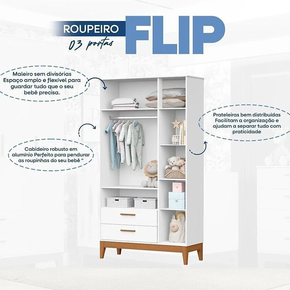 Quarto Completo Flip com Roupeiro 3 Portas Branco Fosco