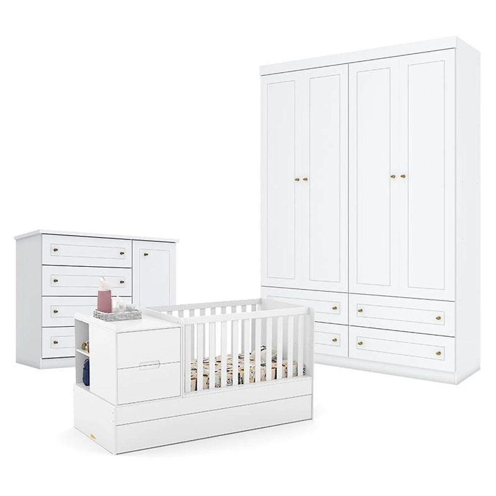 Quarto Bebê Americano 4 Portas Berço Americano Multifuncional Formare Branco Acetinado Matic  Henn