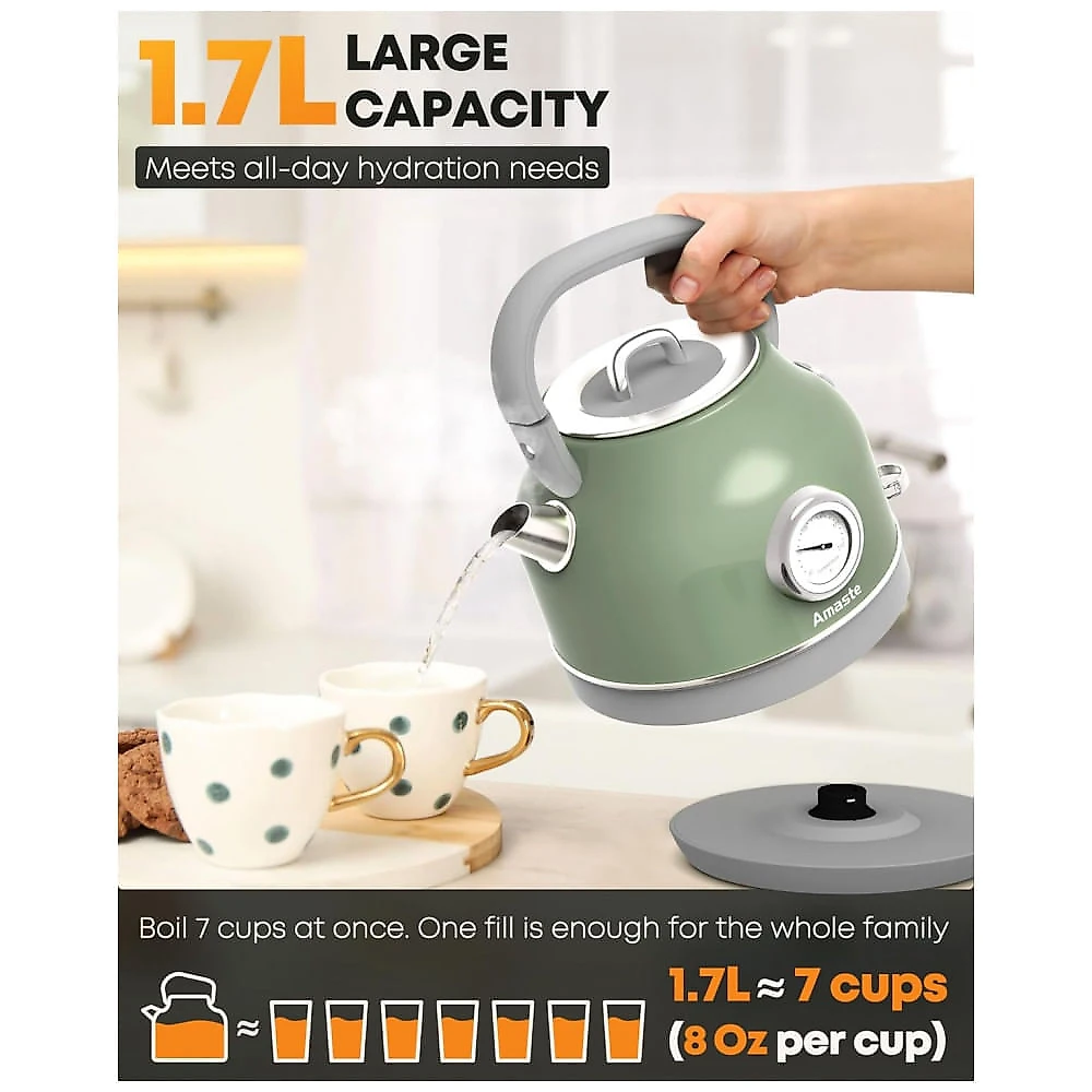 Chaleira Elétrica Amaste 1,7L Inox Verde Matcha, Termômetro Retro, 1500W, Proteção Antisseco, Tampa Removível, BT-K15FT 110V