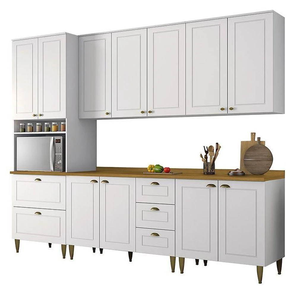 Cozinha Completa 5 Peças Americana Branco Com Torre Quente, Tampo Nature E Pés - Móveis Henn Branco