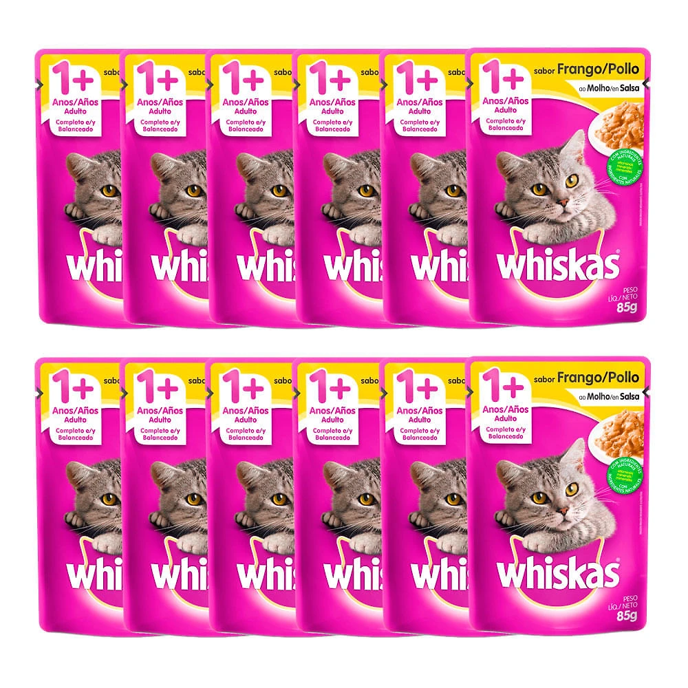 Ração Úmida para Gatos Whiskas Adulto 1+ Anos Sabor Frango ao Molho em Sachê 85g | Kit com doze unidades
