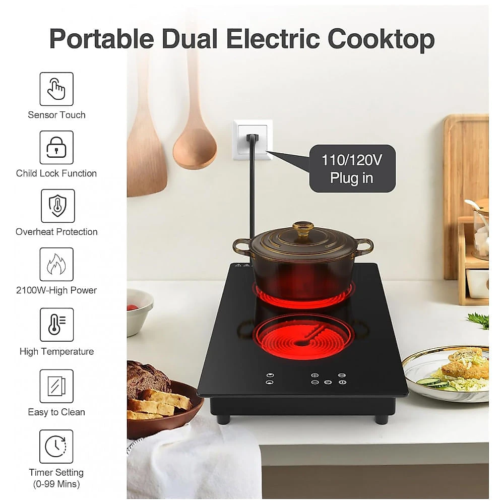Cooktop Elétrico de Embutir com 2 Queimadores de Indução e 9 Níveis de Potência, 110V 2100W, GIHETKUT, Preto