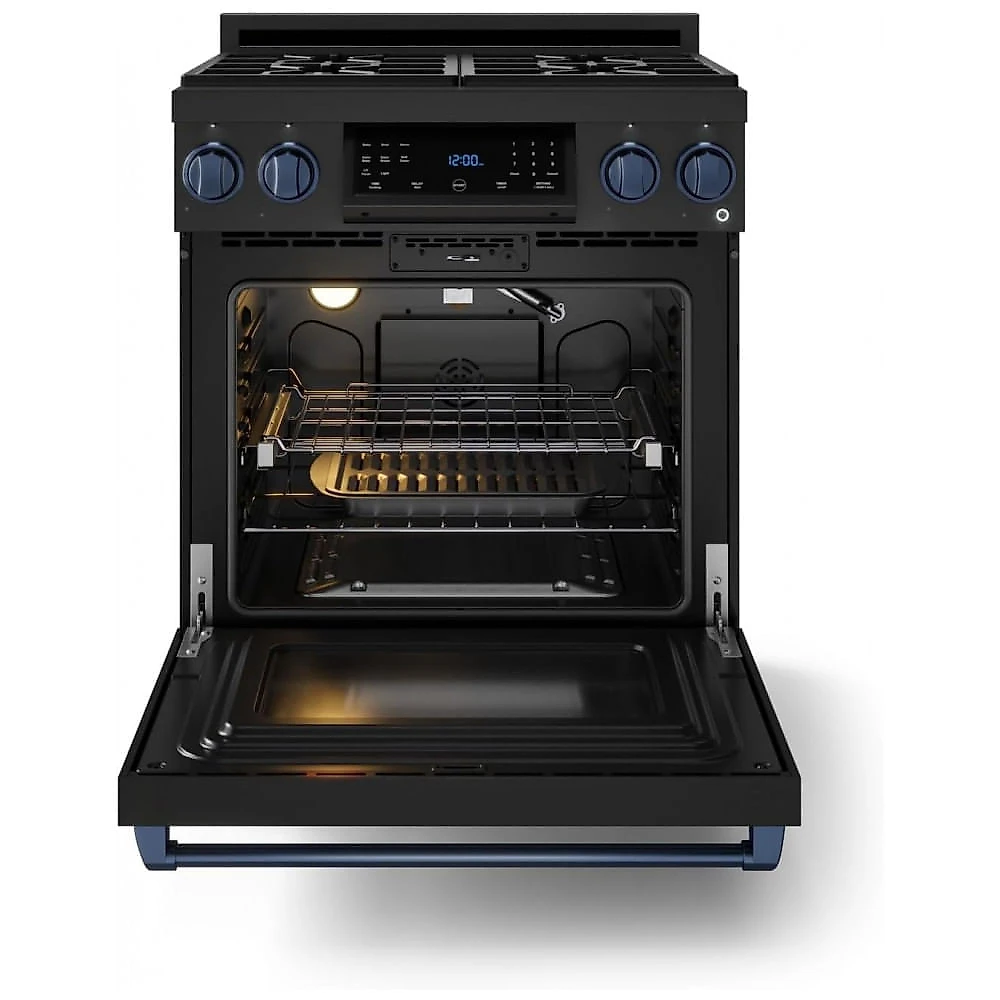 Fogão a gás GLP profissional 76cm Thor Kitchen Gordon Ramsay preto/azul marinho painel touch basculante convecção grelha contínua 129L 110V