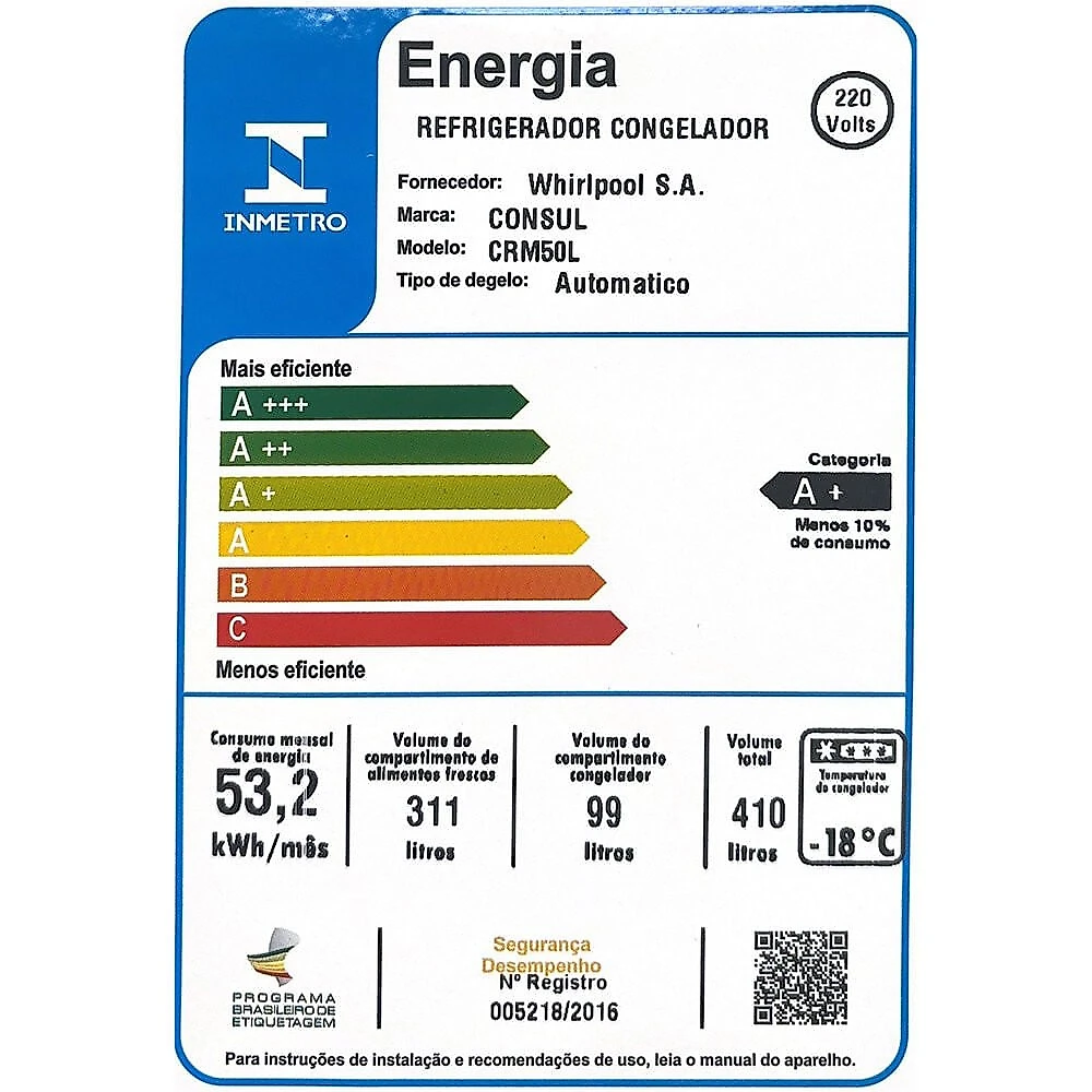 Geladeira Consul Frost Free Duplex 410 Litros CRM50LB Branco - 110V