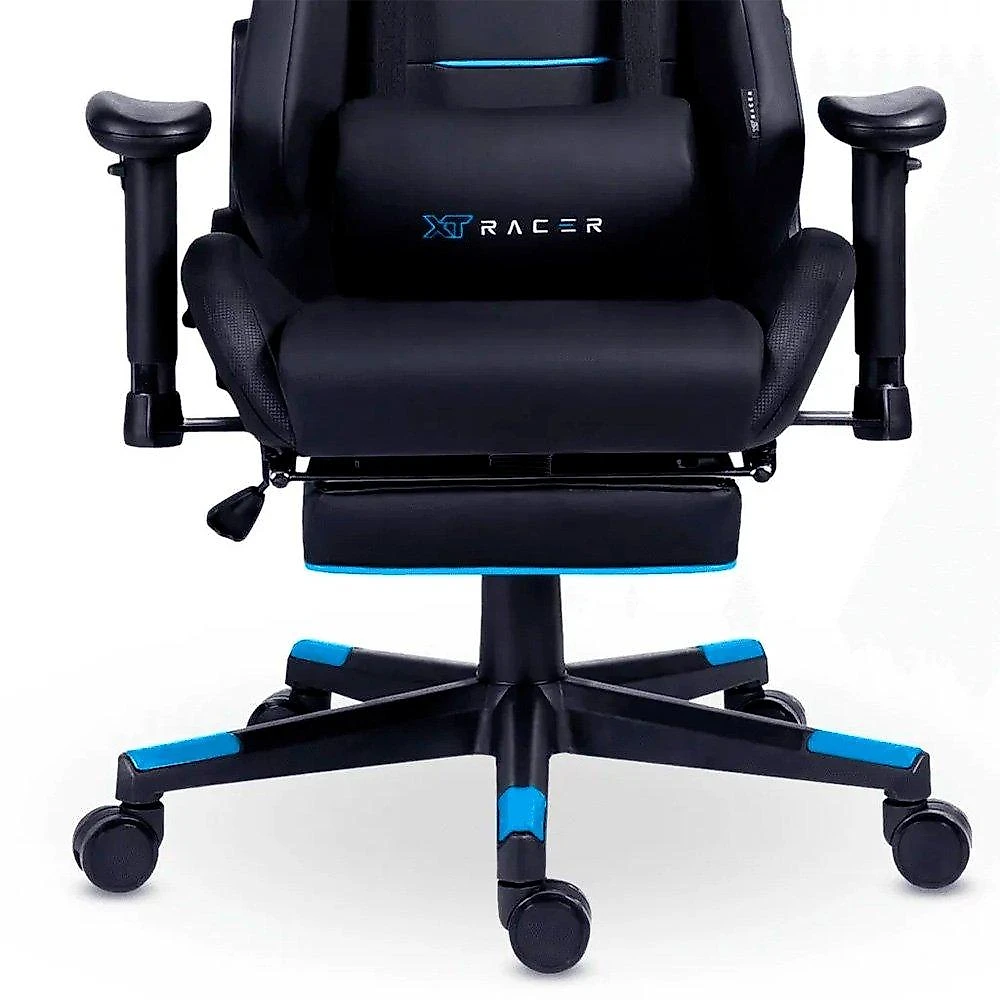Cadeira Gamer XT Racer Attack, Até 120Kg, Reclinável, Apoio de Pés Retrátil, Cilindro de Gás Classe 4, Couro PU, Preta e Azul - XTR-058