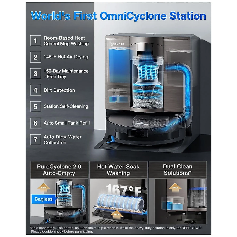 Robô Aspirador ECOVACS DEEBOT X11 OmniCyclone 2 em 1 com Estação 60 Dias e Sucção 19.500Pa 110V
