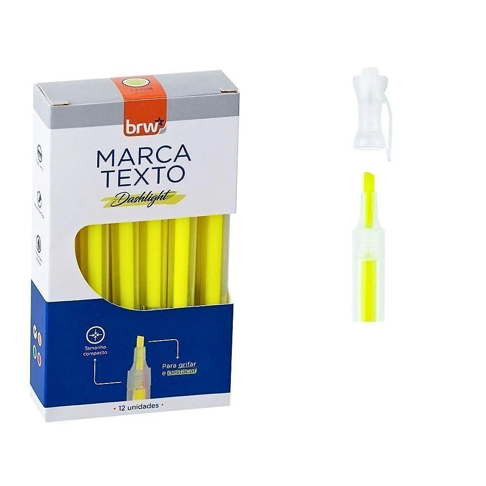 10 Caixas Marca Texto Fluorescente Transparente 12 Unidades Brw Amarelo
