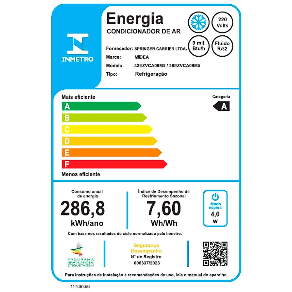 Ar-Condicionado Split Inverter 9000 BTUs Midea AI Ecomaster High Wall Só Frio 42EZVCA09M5/38EZVCA09M5 220V