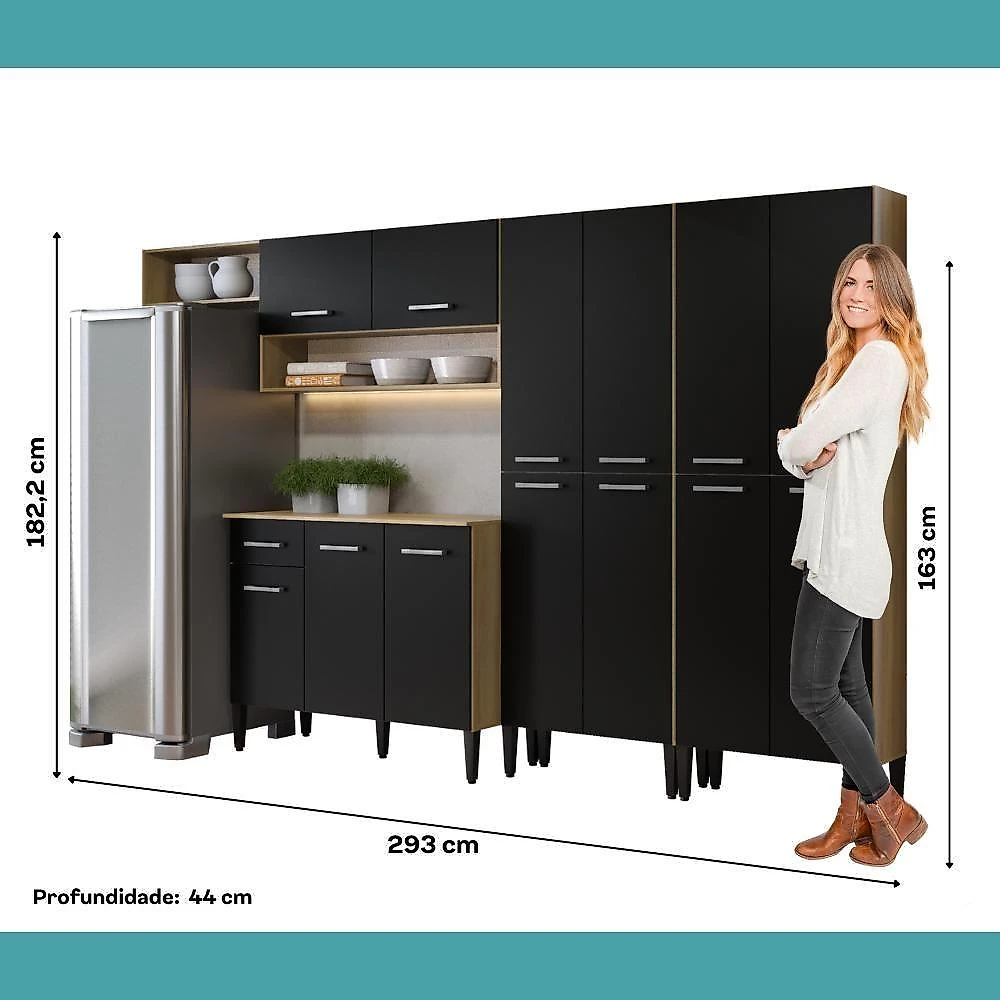 Cozinha Arizona Fusion Two 13 Portas 1 Gaveta MDP Carvalho com Preto Carraro