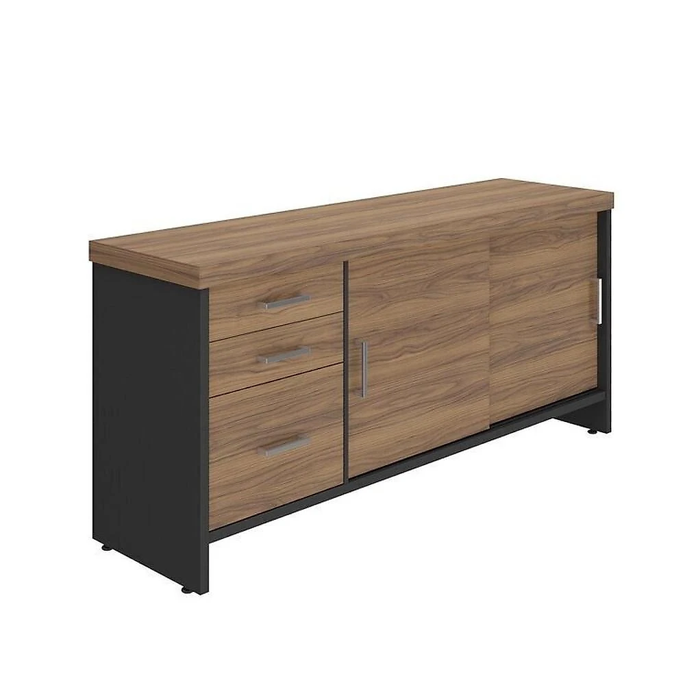 Conjunto Mesa Tamburato 1600, Mesa de Apoio, Balcão, Balcão com Gavetas e Armário Nogal com Preto