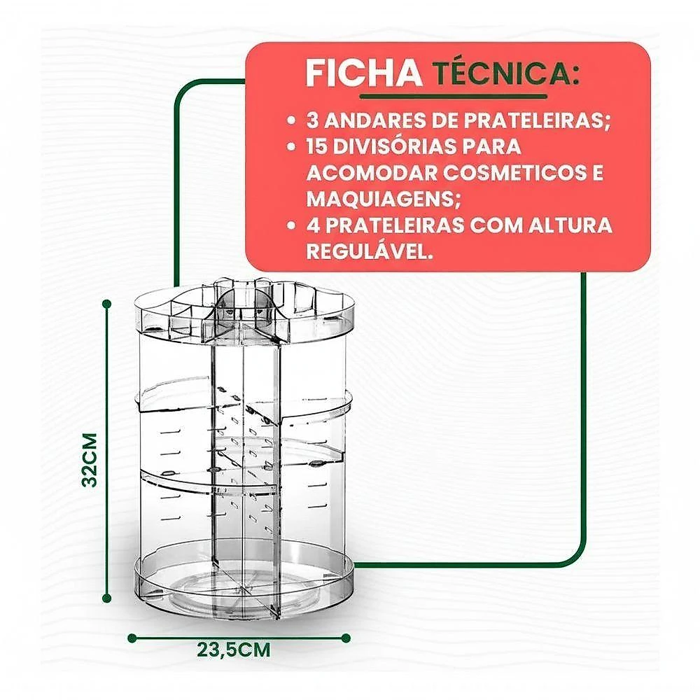 Organizador De Maquiagem Acrílico 360° Com Prateleiras Reguláveis E Base Firme