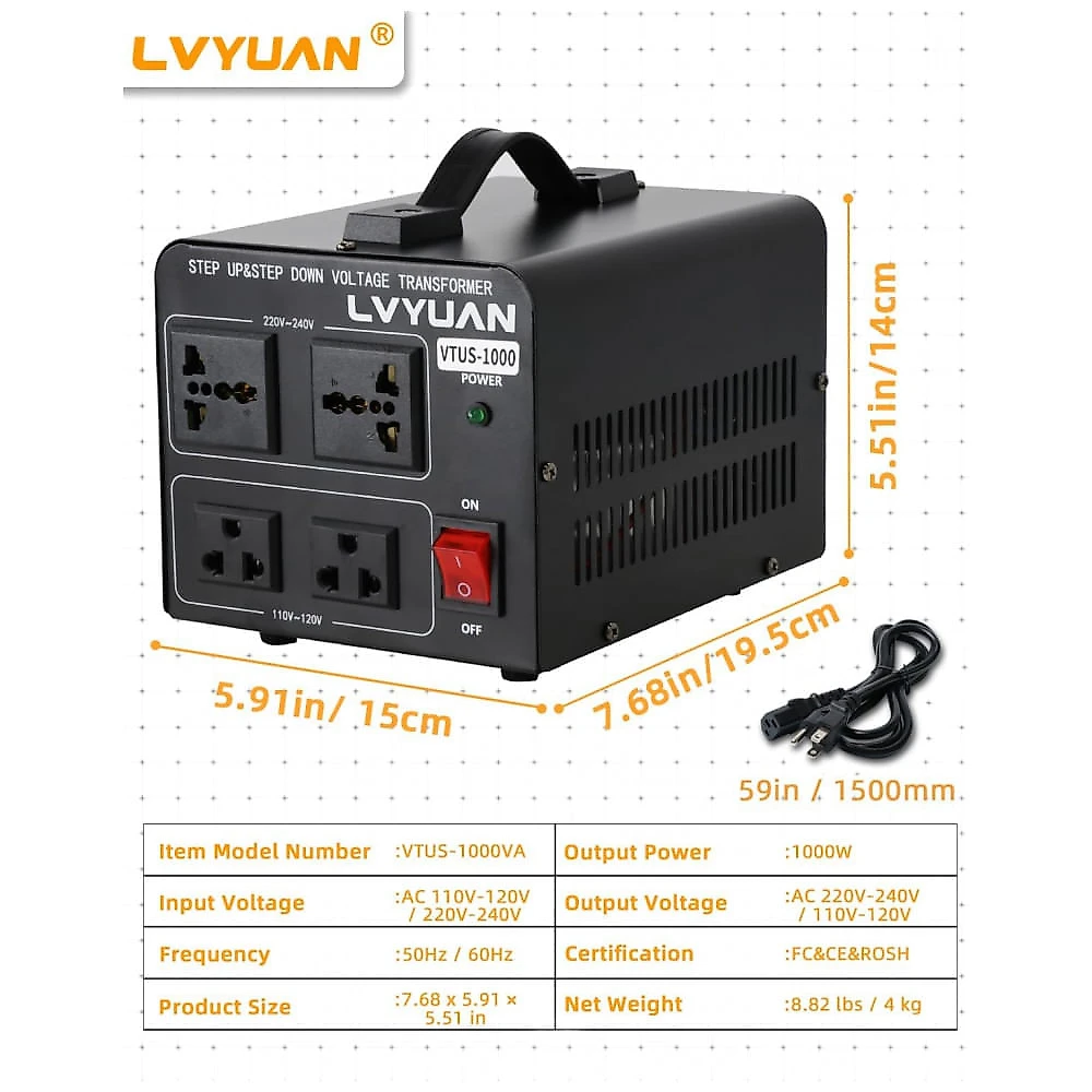 Transformador Conversor de Voltagem LVYUAN 1000W Preto Step Up/Down 110-120V/220-240V com 2 Tomadas US e 2 Universais VTUS-1000 110V